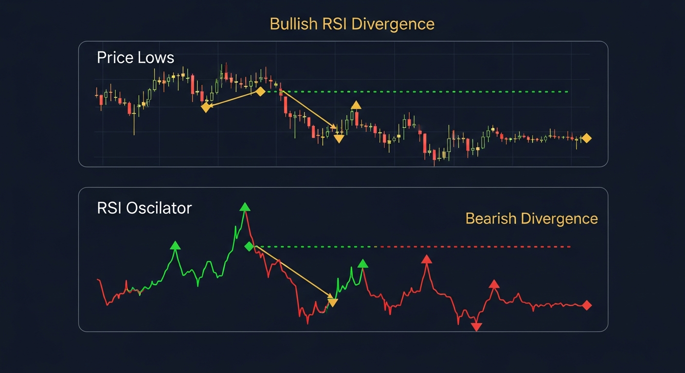 Bullish and bearish RSI divergence with price and indicator comparison