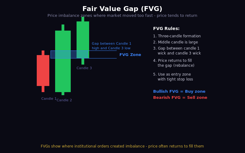 Fair value gap shown between three candles with highlighted imbalance zone