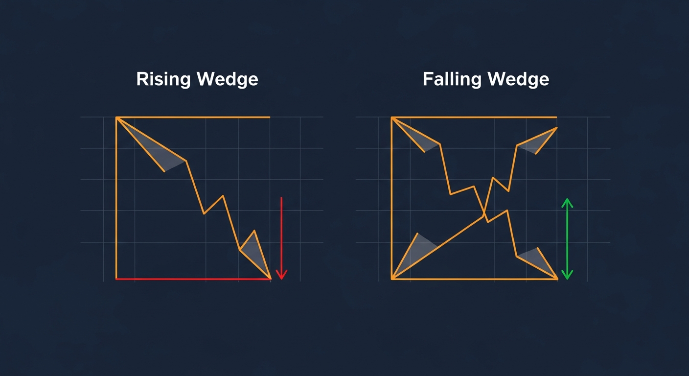 Rising and falling wedge patterns with converging trendlines